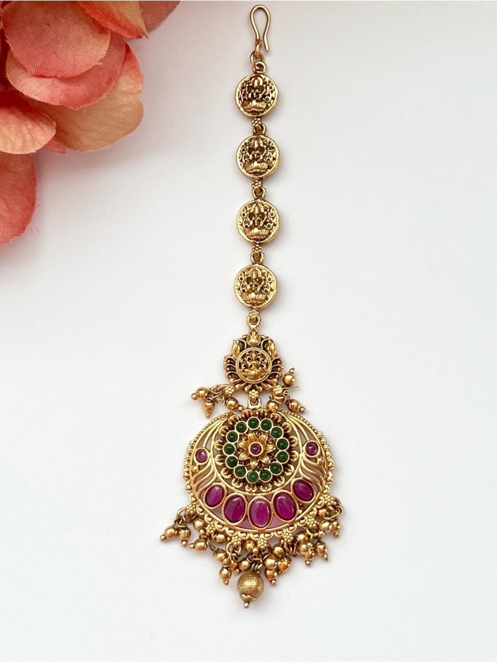 Gold Tone Green and Pink Kundan Pendant Maang Tikka brand new never used